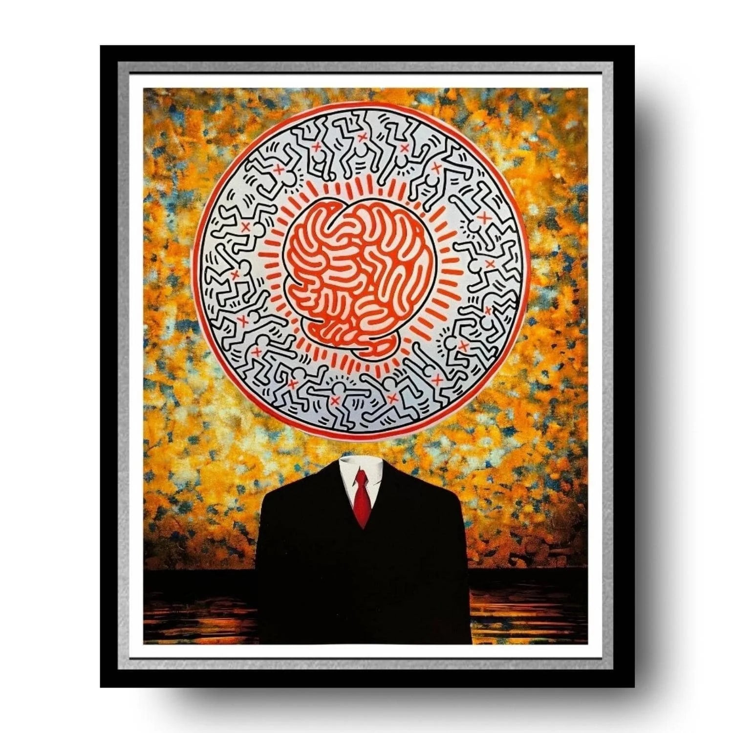 Framed artwork of a person in a suit with a brain maze head against an orange background